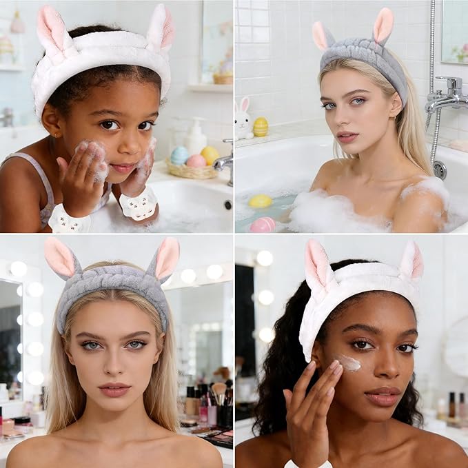 YISSION Bunny Ear Spa Headband & Wristband Set for Women and Girls - Soft Plush Makeup Headband with Embroidered Bunny Wrist Towels for Face Washing, Skincare, Easter (Gray & White)