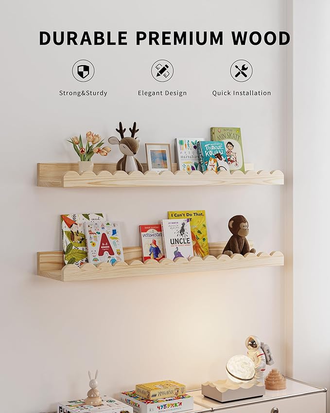 Shario Nursery Book Shelves, 4-Pack Wood Floating Shelves for Wall Kids, Scalloped Shelves, Wall Book Shelves for Bedroom Kids, Toddler Room, Baby Room, Nursery Decor (Wood, 23 Inches)