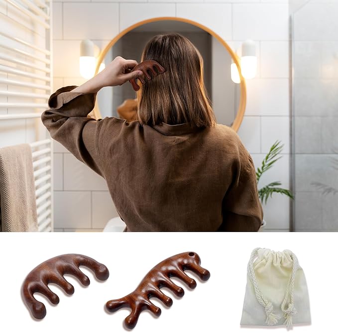 2 Pack Wooden Scalp Massage Comb, Sandalwood Scalp Massager Wood, Head Massager Gua Sha Brush for Women Men Hair Growth