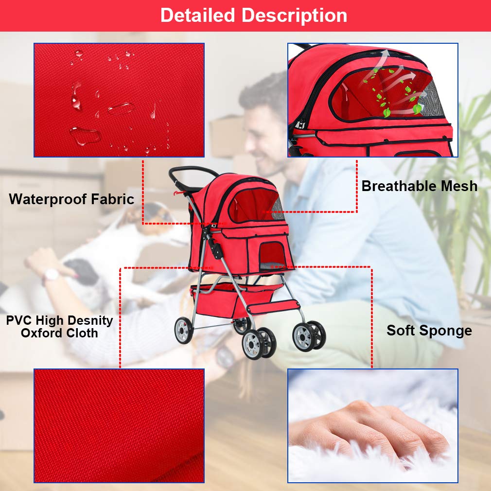 Pet Stroller Pet Carrier Dog Stroller Cat Stroller Folding Lightweight 4 Wheels Jogger Stroller with Storage Basket and Cup Holder