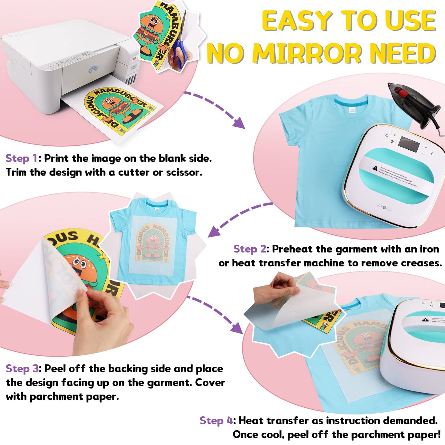 HTVRONT Heat Transfer Paper for Light T Shirts -100 Sheets 8.5x11" Iron on Transfer Paper for Inkjet Printer, Stretchable & Durable Printable Heat Transfer Vinyl, Easy to Use
