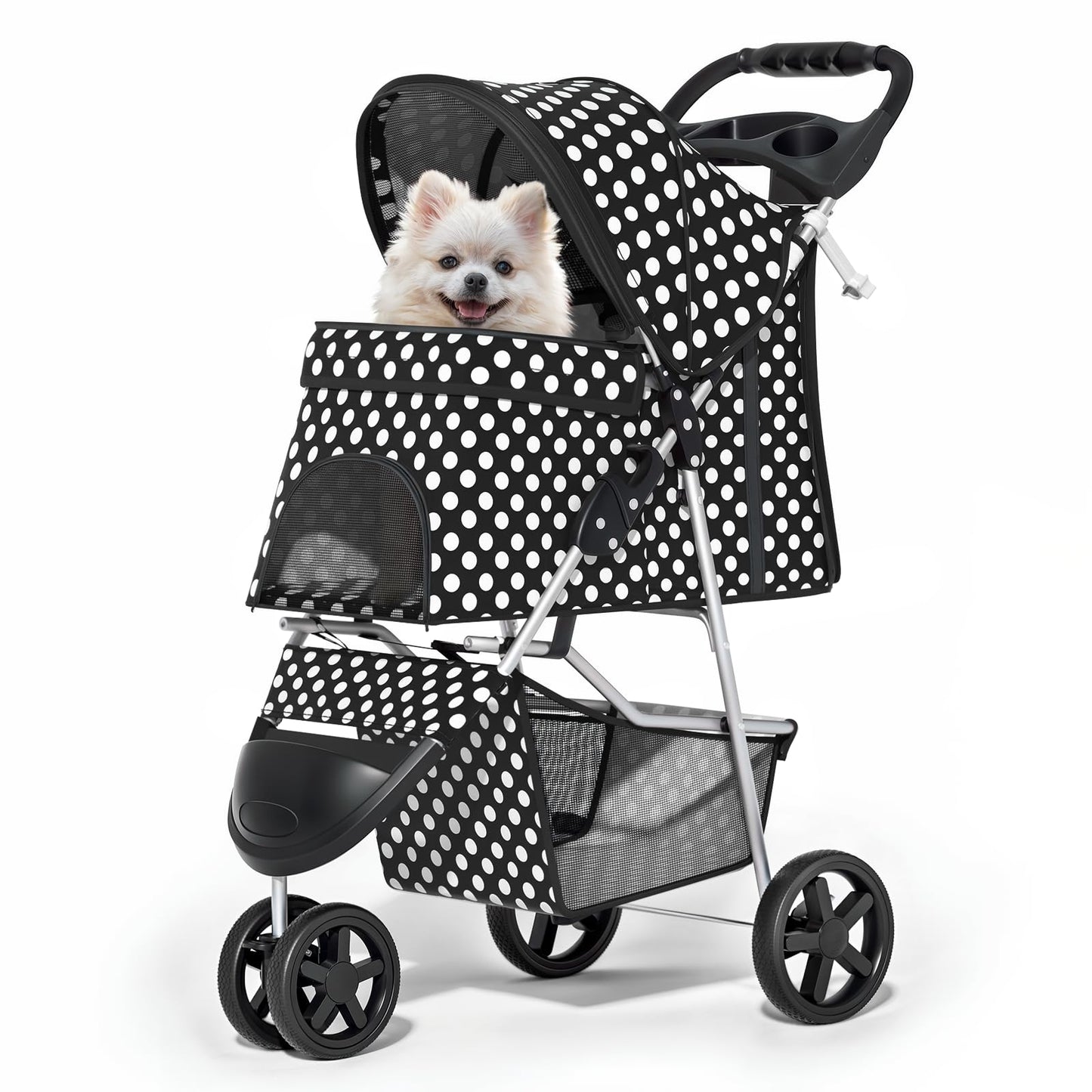 MoNiBloom 3 Wheels Pet Dog Cat Stroller for Small Medium Dogs Cats, Foldable Jogger Stroller w/Storage Basket and Cup Holder, Black Polka Dots
