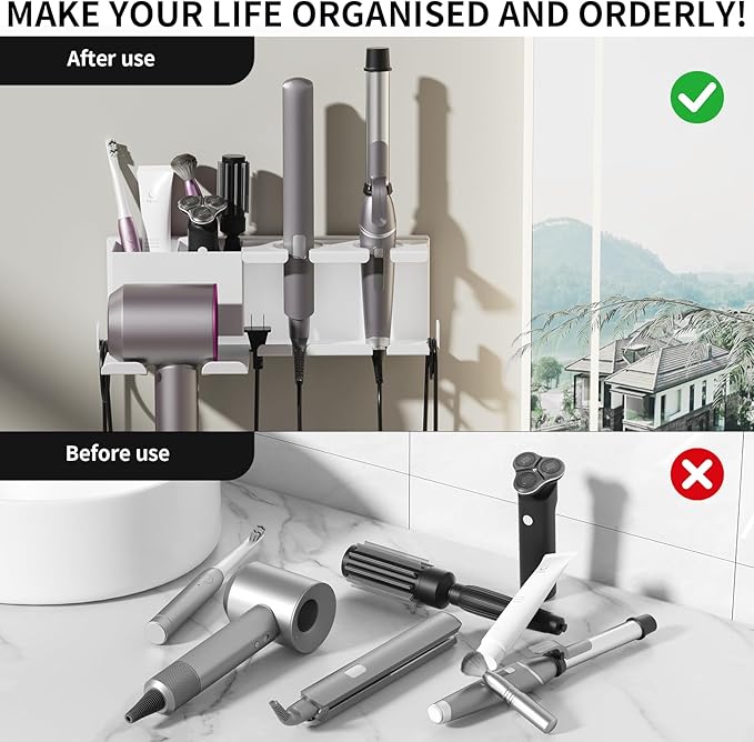 YSD Hair Dryer Holder Wall Mounted, Metal Hair Tools Organizer, Hair Dryer Holder for Blow Dryer, Curling Iron, Straightener, 3 in 1 Bathroom Hair Tool Organizer, White