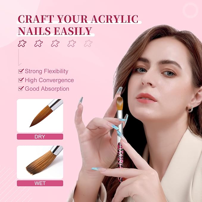 SAVILAND 4PCS Kolinsky Acrylic Nail Brush Set - Professional Nails Brushes for Acrylics Powder Application & 3D Nail Art, Sizes 8/10/12/14 Acrylic Brushes - Essential Nail Extension Kit Salon Home