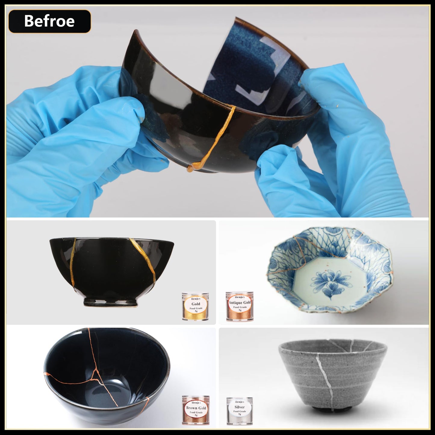iienjoy Kintsugi Repair Kit, 4 Colors Food Safe Kintsugi Kit Repairs Broken Ceramics, Jade, Glass, Meaningful Pottery, Kintsugi Gold Glue for Ceramics and Porcelain Repair Perfect for Beginners