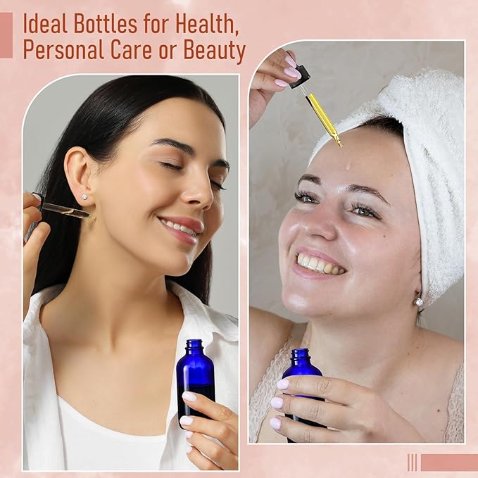 AOZITA 4 Pack, 2 oz Dropper Bottles with 1 Funnel & 4 Labels - 60ml Thick Dark Blue Glass Tincture Bottles with Eye Droppers - Leakproof Essential Oils Bottle for Health, Personal Care & Beauty
