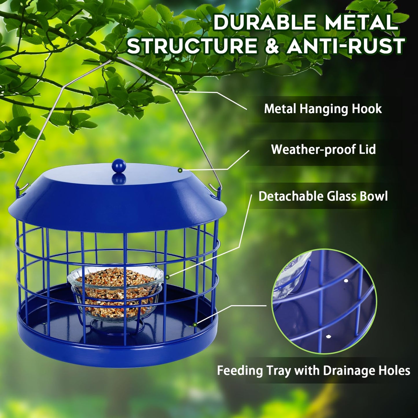 Gbekery Caged Bluebird Feeder for Mealworms with Glass Bowl, Squirrel Proof Bird Feeder for Small Birds Only, Detachable Hook, Large Space, Outdoors Weatherproof, Metal, Blue