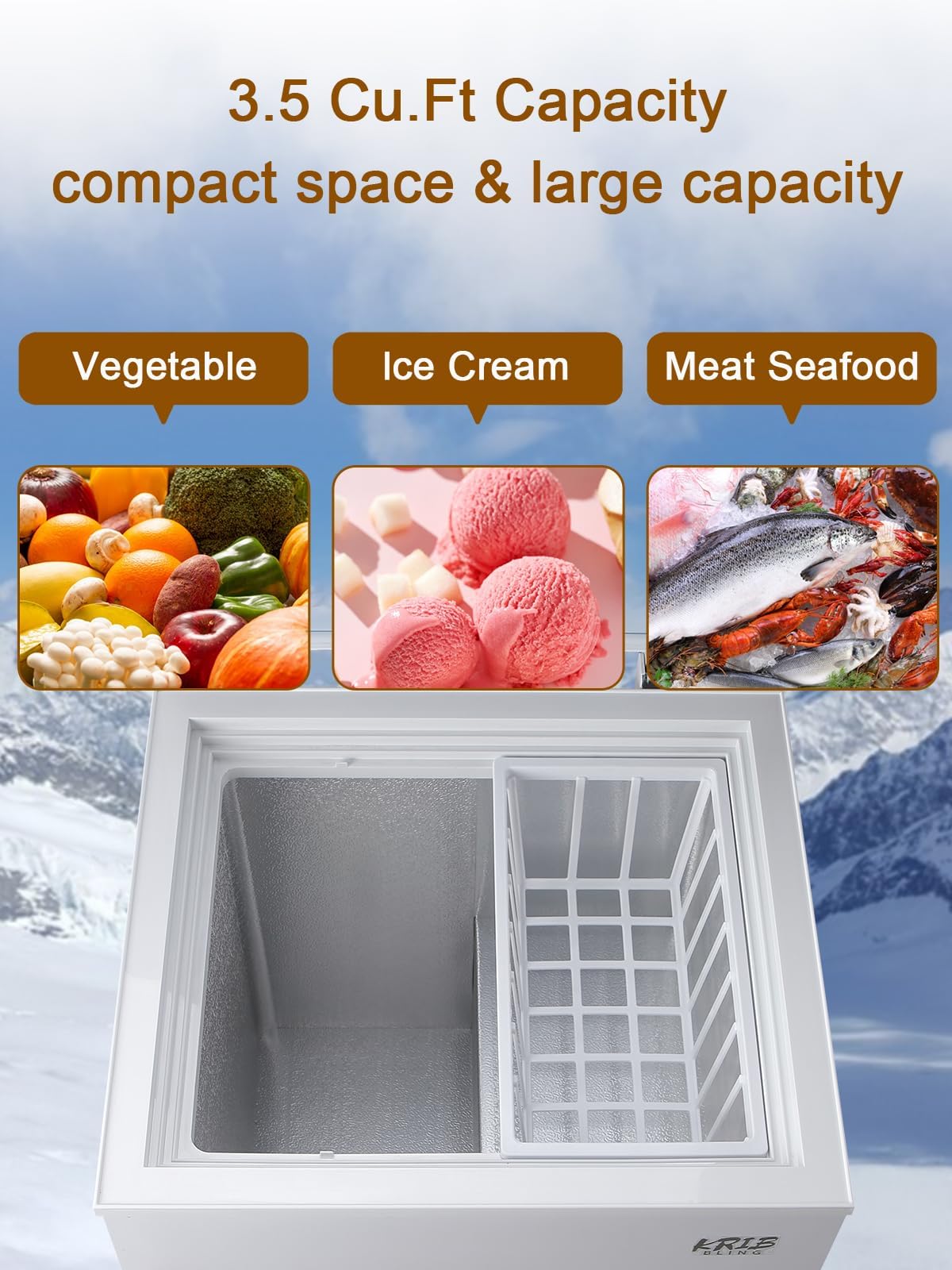 3.5 Cu.Ft Chest Freezer Compact Deep Freezer with Top Mini 7 Gears Temperature Control Open Door and Removable Storage Basket White