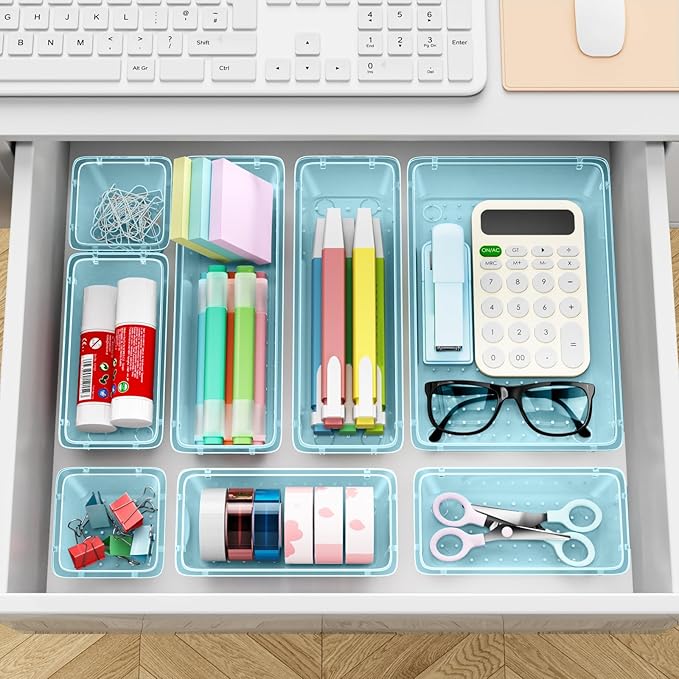 12-Piece Drawer Organizer Set, 4 Sizes Versatile Plastic Vanity Organizer for Makeup, Stationery, Gadgets, in Kitchen, Bathroom, Office, and Bedroom, Sea Blue