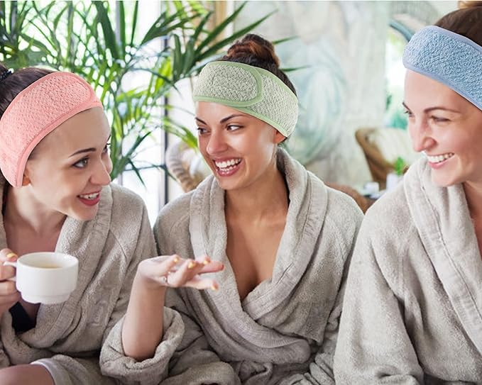 Whaline 4Pcs Spa Facial Headband Super Absorption Makeup Hair Wrap Adjustable Coral Fleece Hair Band Soft Towel Head Band for Face Washing Shower Sports