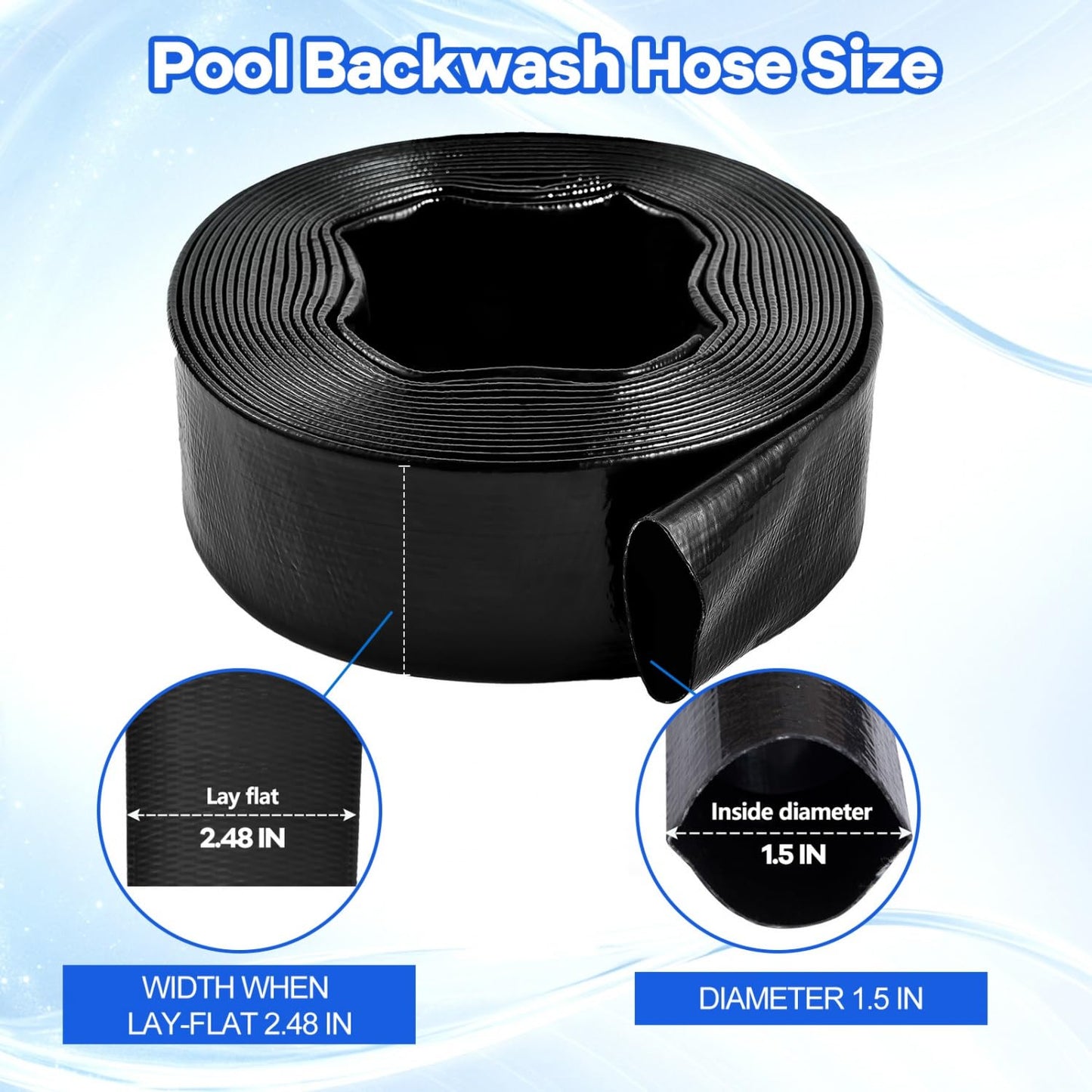 Gonioa Pool Backwash Hose 1 1/2 Inch Diameter x 50 Feet - Heavy-Duty PVC Pool Drain Hose, Reinforced Discharge Hose with Clamp for Swimming Pools, Black