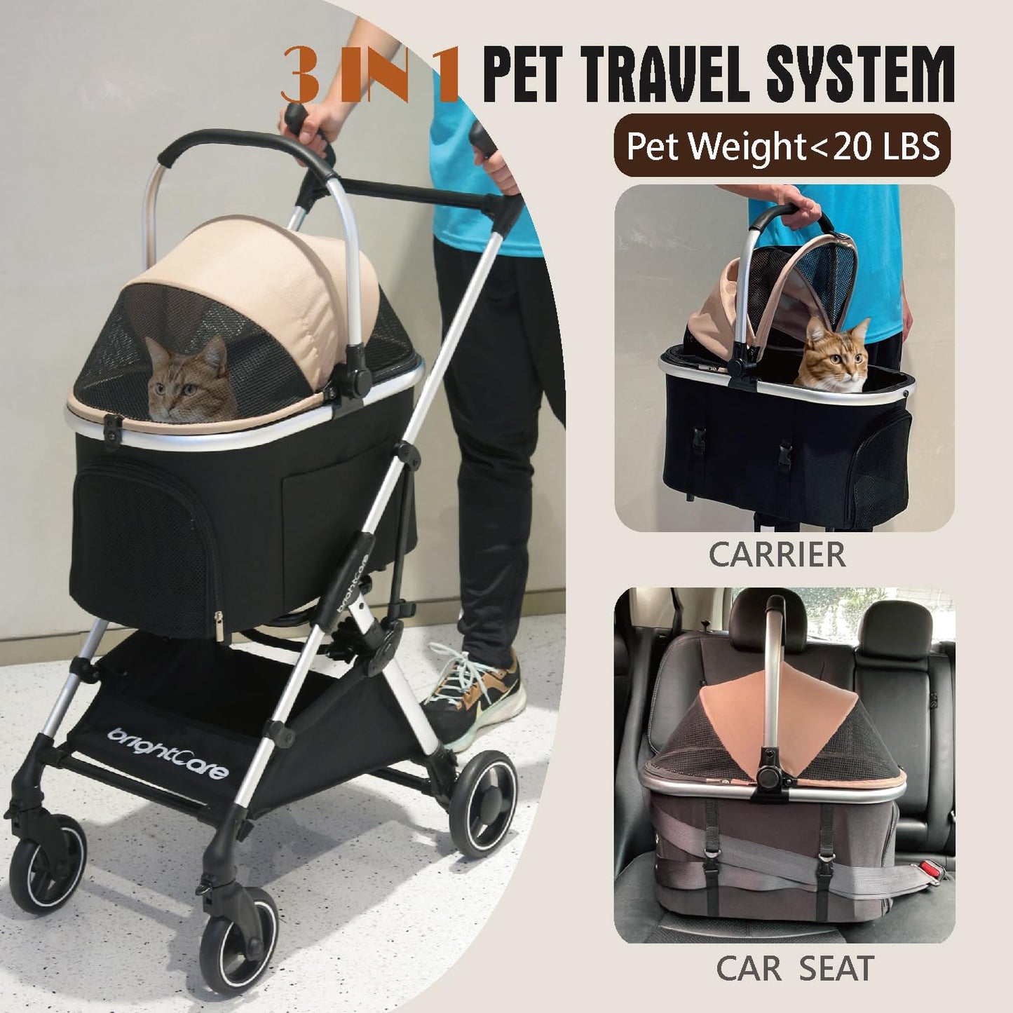 BRIGHTCARE Pet Stroller for Small Dogs & Cats Under 20 lb with Detachable Carrier, Converts to Car Seat, Ultra-Lightweight only 11lb, One Hand Fold