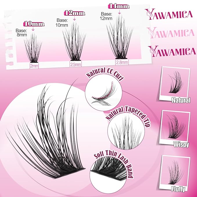 Yawamica Wispy Lash Clusters Natural Eyelash Extension 10-14mm Fluffy Eyelash Clusters CC Curly Individual Lashes Cluster Eyelash Extensions 40D Cluster Lashes 200pcs DIY Lash Extension by Self