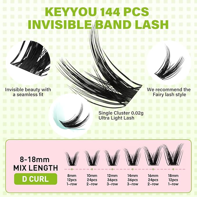 KEYYOU Fairy Wink Lash Clusters Eyelash Extension D Curl 144Pcs Eyelash Extension Wispy Natural Invisible Band with Waterproof DIY at Home(Fairy Wink-D-8-18MIX)