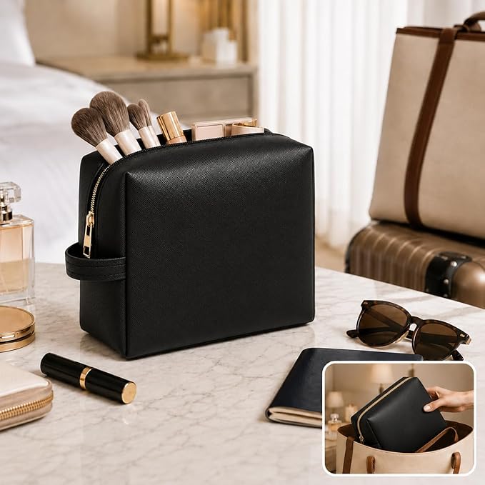 3PCS PU Leather Makeup Bag, Large Travel Cosmetic Pouch, Cute Toiletry Organizer for Women, Black