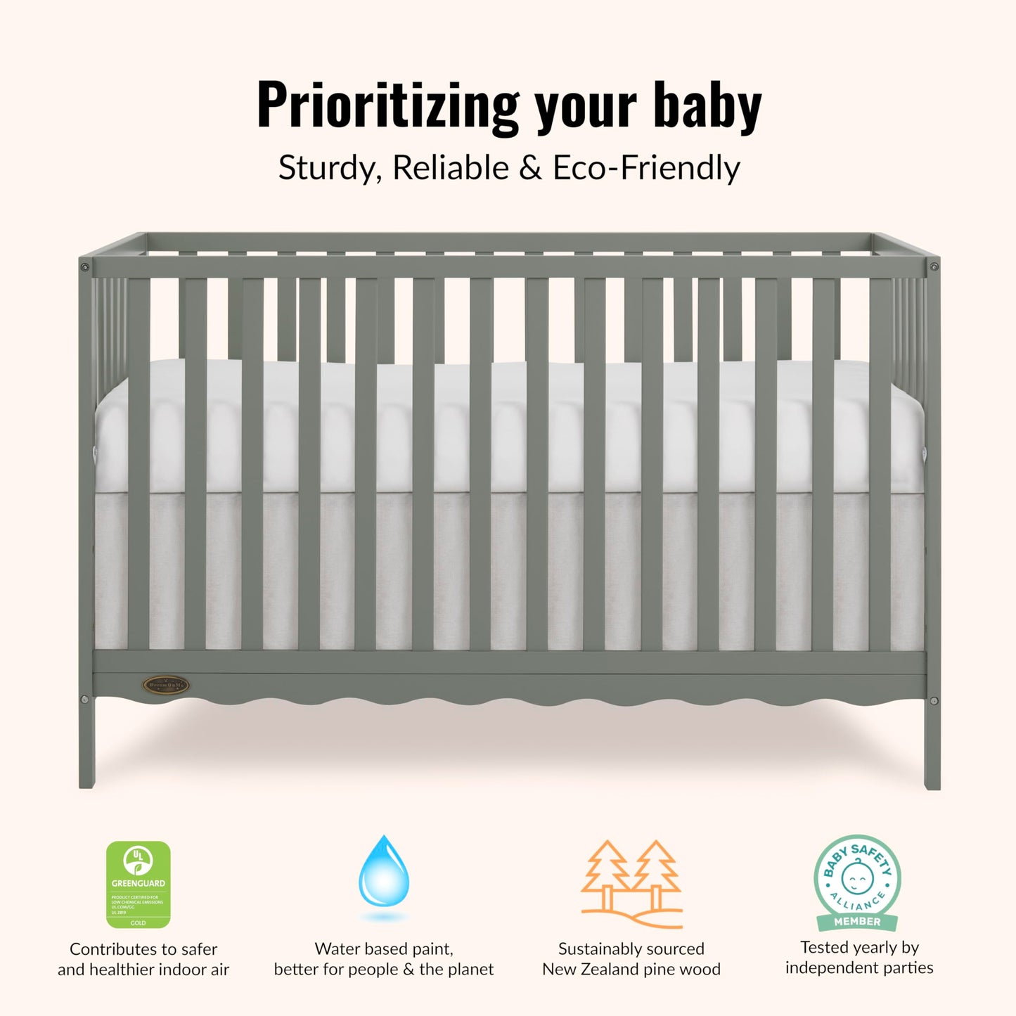 Dream On Me Synergy Wave 5-in-1 Convertible Crib in Seagrass, JPMA & Greenguard Gold Certified, Converts from a Baby Crib to a Toddler Bed, Daybed, and Full-Size Bed
