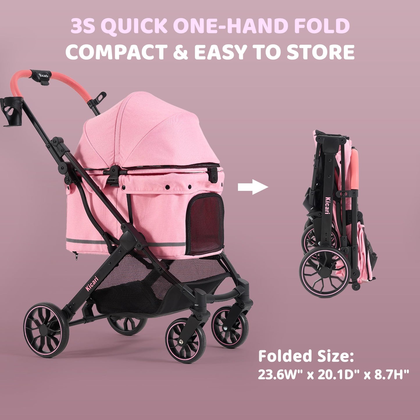 Kicari All-Terrain Dog Stroller for Small to Medium Dogs, Pet Stroller for Dogs & Cats Outdoor Walks, One-Hand Easy Fold, Double-Layer Anti-UV & Waterproof Canopy & Breathable Mesh, Sakura Pink