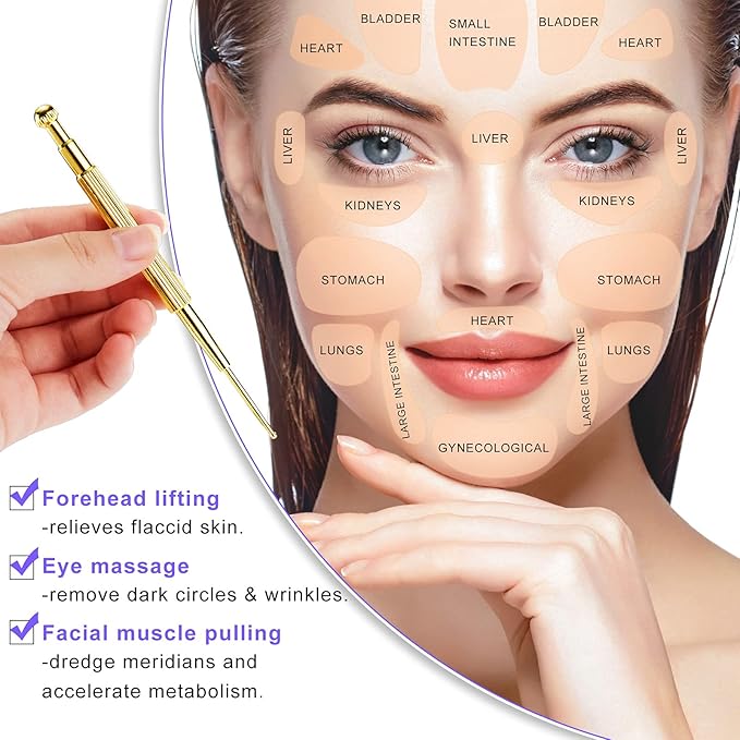 Nuanchu 3 Pieces Facial Reflexology Massage Tool Stainless Steel Manual Acupuncture Pen Retractable Acupuncture, Stainless Steel Double Headed Spring Loaded Ear and Body Point Probe Pen(Gold)