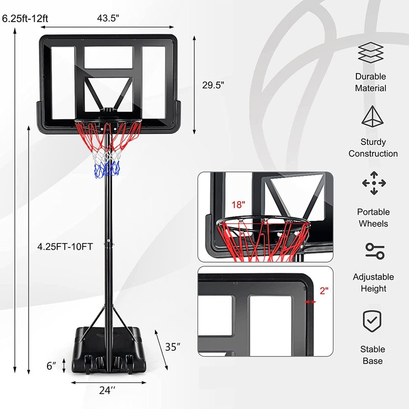 Basketball Hoop Outdoor,Portable Basketball Hoop Goal System 6.6-10ft Adjustable with 44 Inch Backboard & Wheels Basketball Equipment for Kids/Adults Indoor Outdoor 3+