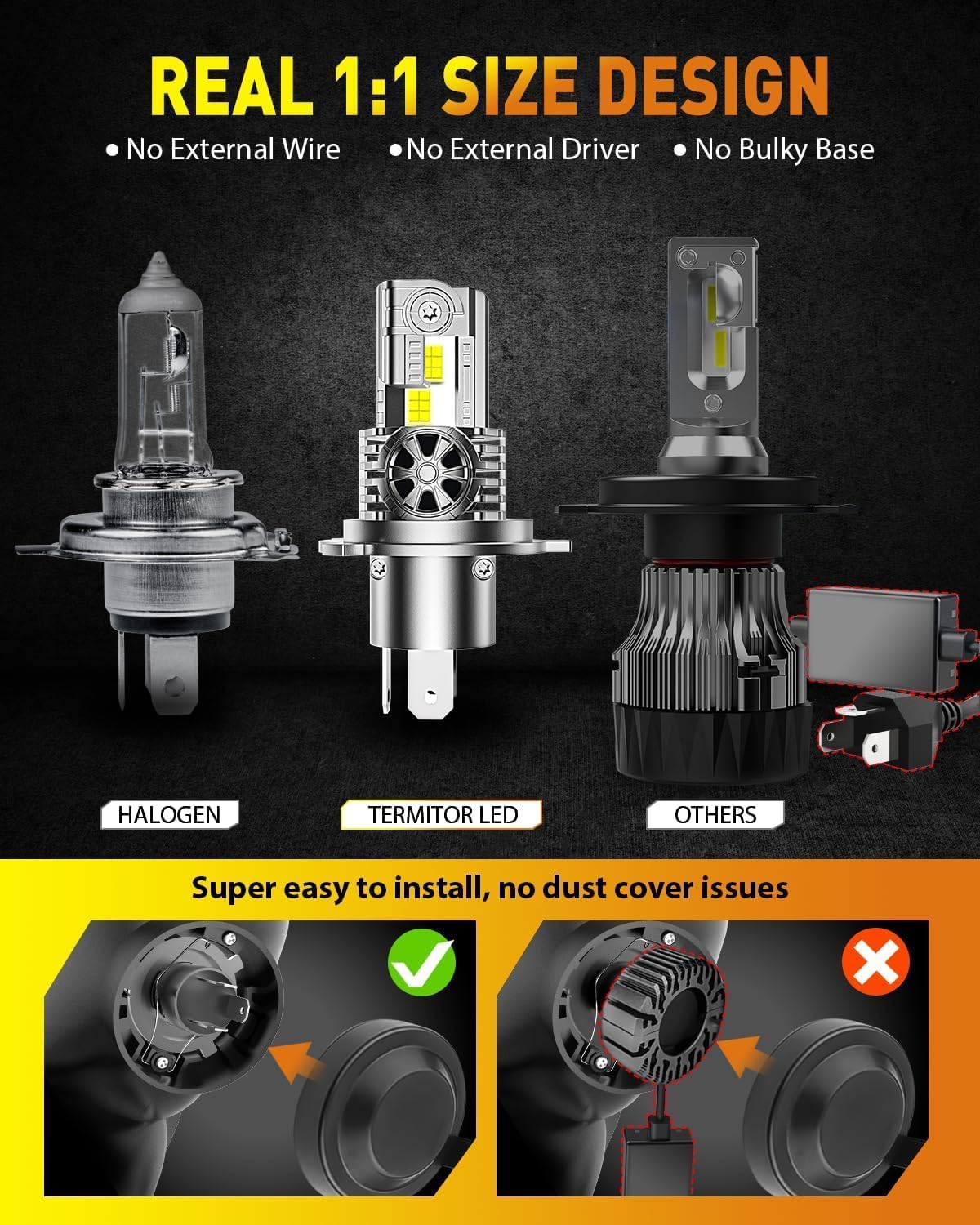 Termitor Latest H4/9003/HB2 Bulbs, 50,000LM Brightness Hi/Low Beam, 6500K Cool White, 1:1 Halogen Size Automotive Replacement H4 9003 Fog Lights, Plug-N-Play, IP68 Waterproof, Pack of 2