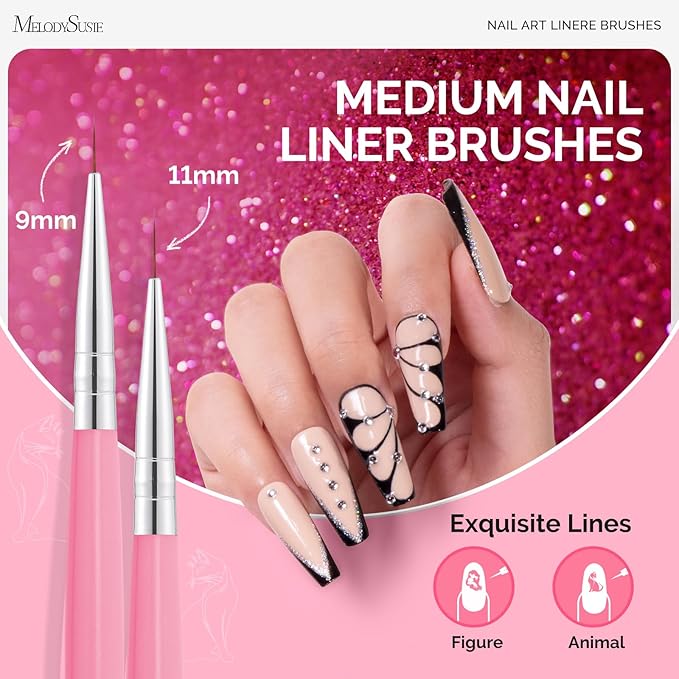 MelodySusie Nail Art Liner Brushes 5Pcs Professional Gel Polish Painting Art Design Pen Set for Thin Long Lines, Tiny Details, Fine Drawing, Delicate Coloring Sizes 5/7/9/11/20mm