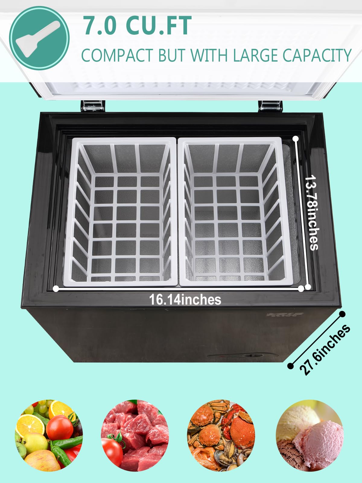 F.W.WOOLWORTHS 7.0 Cu.Ft Chest Freezer 7 Gears Temperature Control, Deep Freezer with Removable Basket, Compact Freezer for Kitchen, Home, Office, Garage, Basement-Black