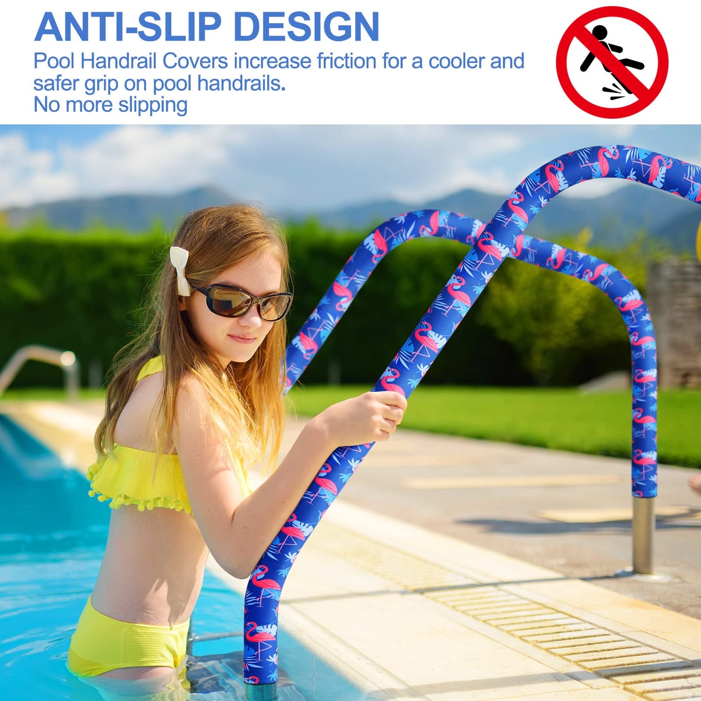 Junkin 4 Feet Pool Handrail Cover Tropical Flamingo Hook and Loop Inground Swimming Pools Hand Rail Ladder Handles Cover Safety Anti-Slip Cool Touch Heat Resistant Rail Grip Handles Sleeve Blue Grip