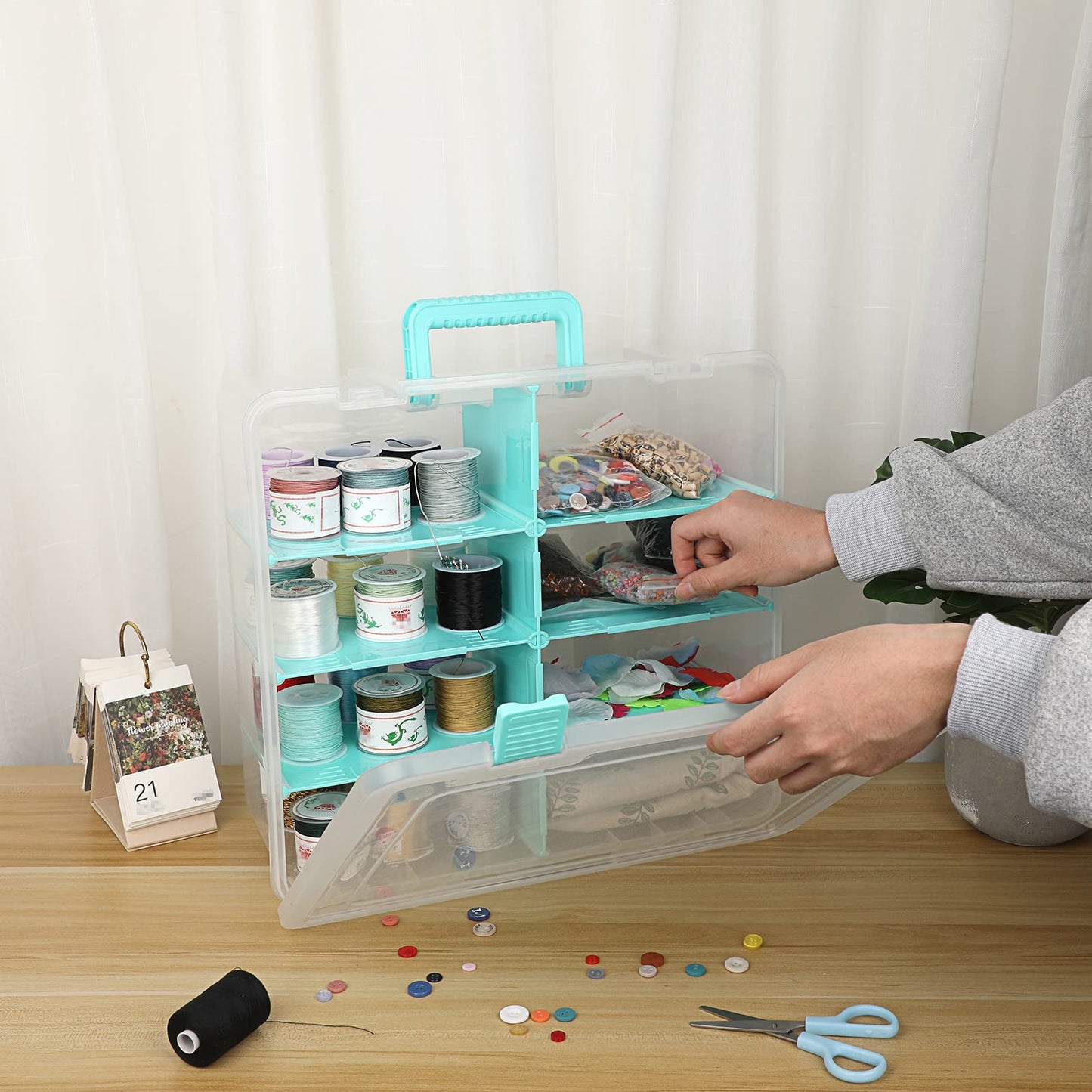 BTSKY Clear Plastic Dividing Storage Box with 8 Deep Compartments Adjustable Storage Bin with Lid Portable Craft Storage Container Multipurpose Sewing Box Art Supply Organizer, 15.1x13.9x6.1 Inches