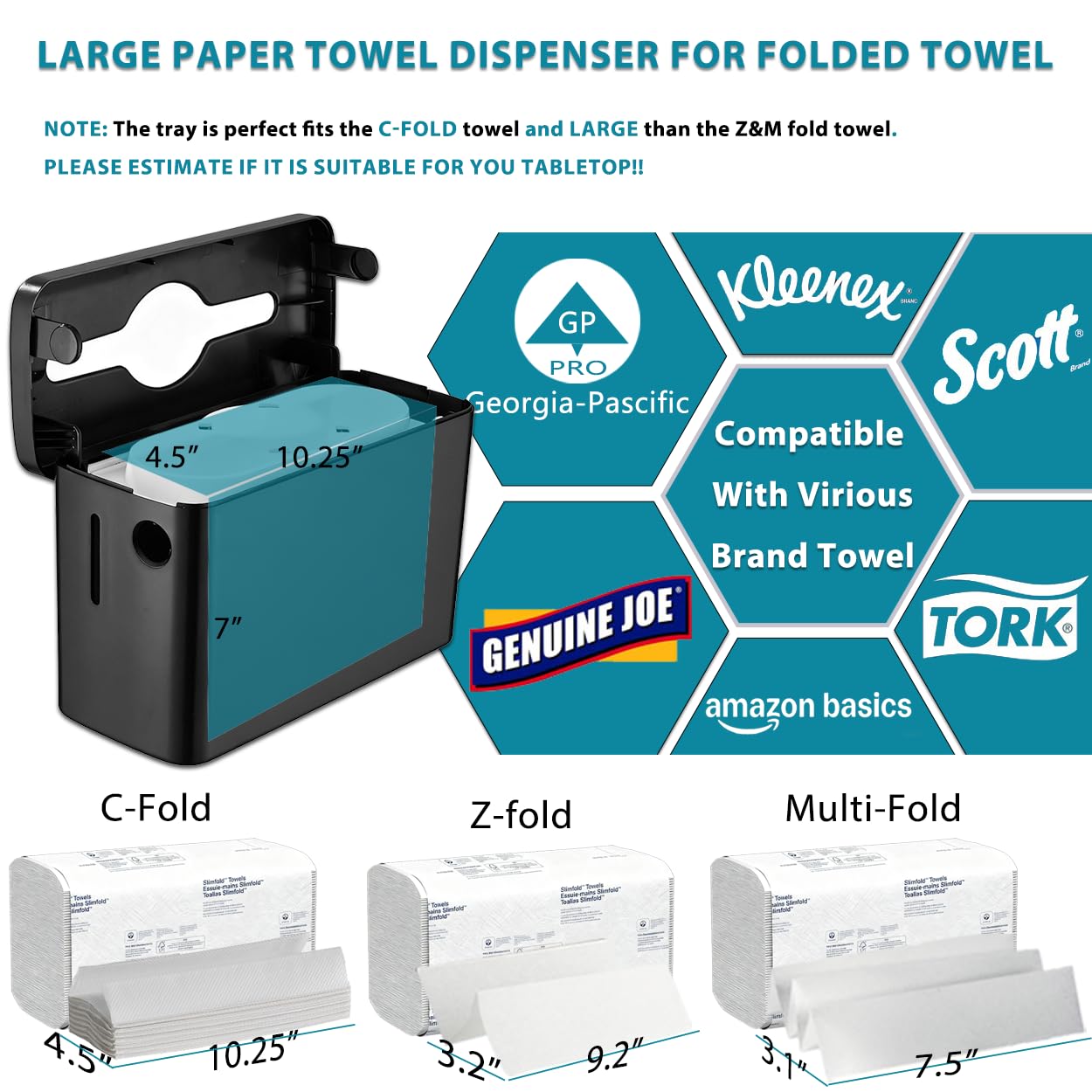 Multifold Paper Towel Dispenser Countertop, Heavy Duty Wide-Design, 300-Sheet Large Capacity Black Paper Towel Holder, Compatible with Tork, AmazonCommercial, Kleenex, Scott, Pacific Multifold Towels
