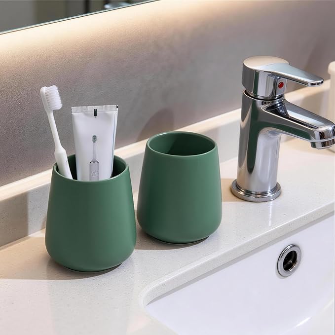 Green Toothbrush Holder for Bathroom - 2Pcs Ceramic Tooth Brushing Holders Set, Toothbrush Cup & Toothpaste Organizer for Bathroom Countertop, Makeup Brush Holder, Pen Holder for Home Desktop Storage