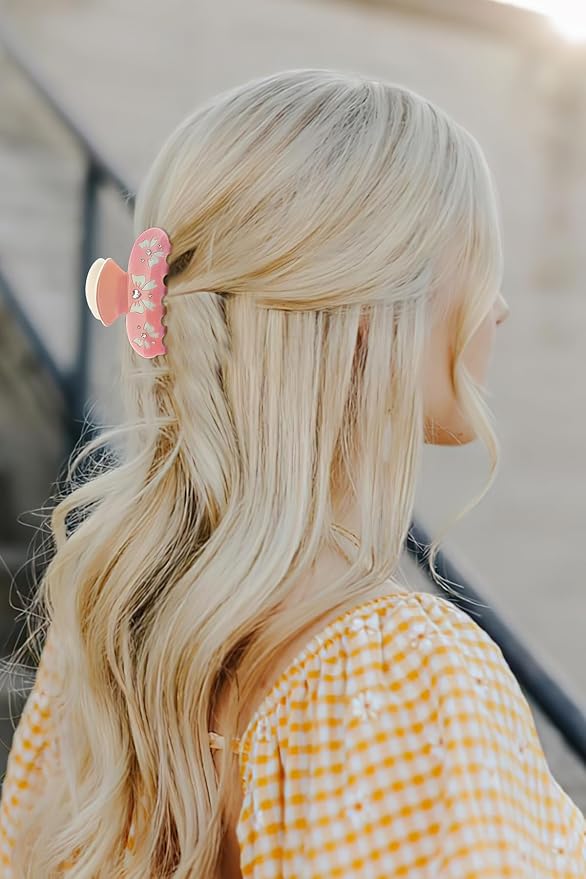 LILIE&WHITE Acrylic Bow Hair Clips For Women Pink Claw Clips With The Rhinestone Pattern In White Bow Hair Clip With Claw For Thick Hair Strong Hair Fix Claw Clips