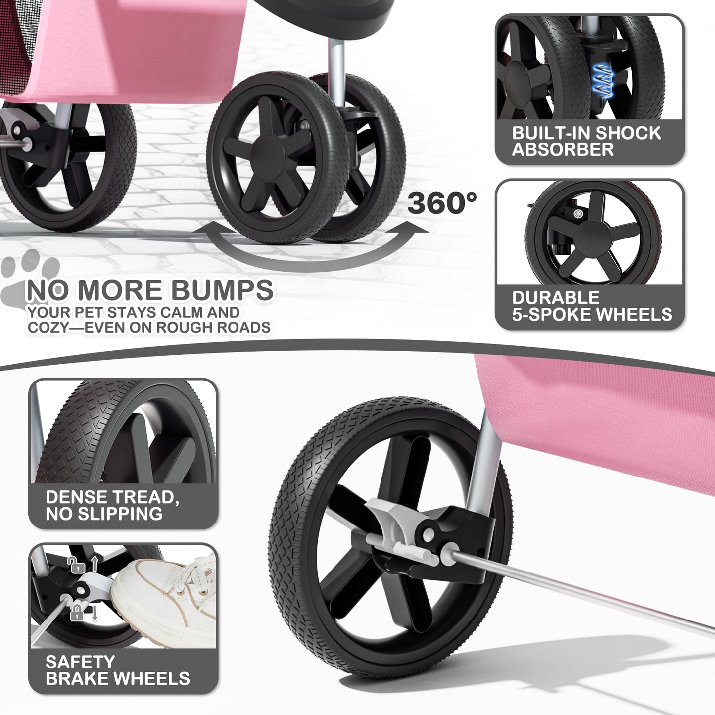 MoNiBloom 3-Wheels Foldable Pet Stroller with Waterproof Cover, Pet Strolling Cart for Small/Medium Dogs and Cats with Storage Basket and Cup Holder, Breathable and Visible Mesh for All-Season, Pink