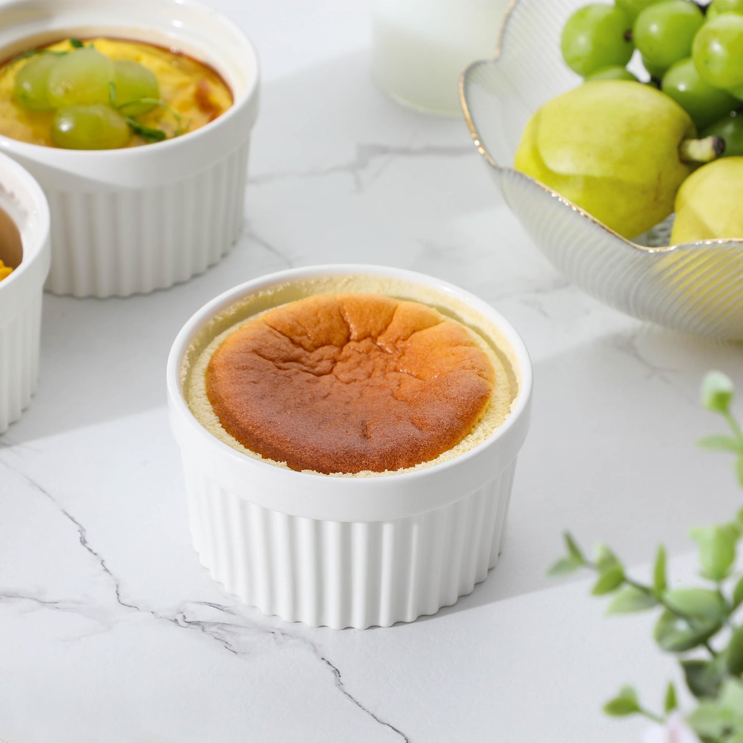 MALACASA Ramekins 12 oz Oven Safe, Porcelain Creme Brulee Ramekins Pudding Custard Cups Large Ceramic Souffle Dishes Ramakan Ramiken Ramicans Baking Bowls Set of 6, White, Series RAMEKIN-DISH