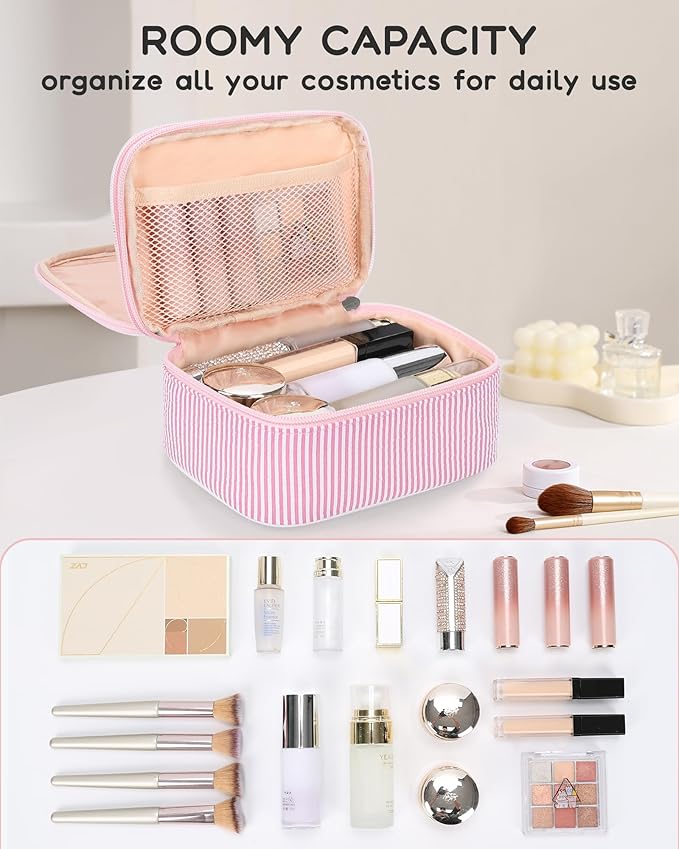 Relavel Travel Makeup Bag, Small Pink Cosmetic Bag with 2 Makeup Brush Holders, Portable Makeup Pouch for Women, Cute Toiletry Bag with Double Layer Organizer, Strip