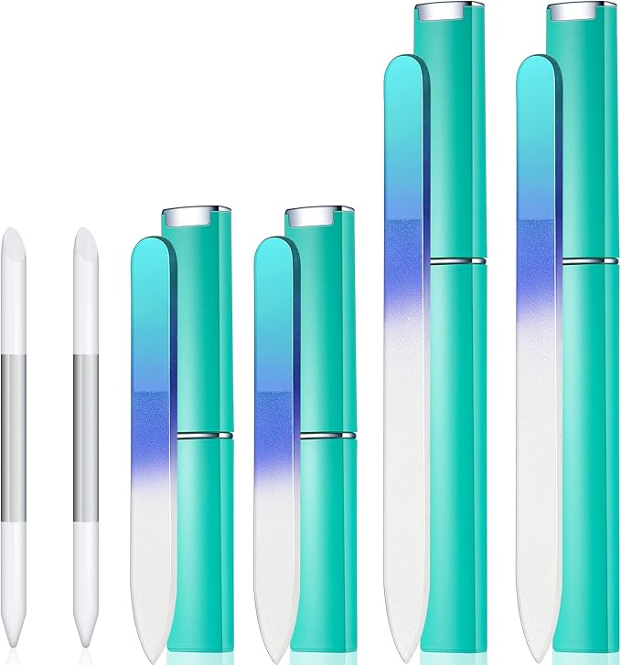 Mudder 6 Pack Crystal Glass Fingernail File with Case for Natural Nail and Cuticle Pusher Dual Ended Manicure Stick Set Nail Care Large Small Portable Tool Gift for Women Pastel Green Violet(Green)