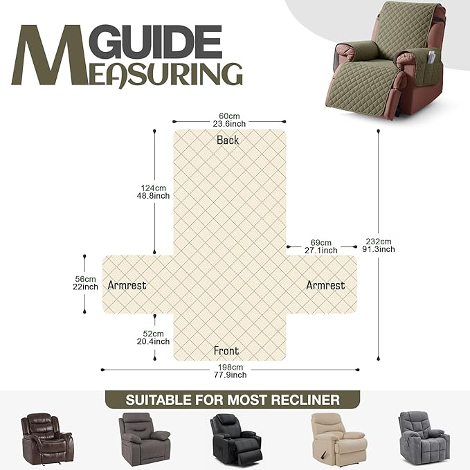 KinCam 100% Waterproof Recliner Chair Cover, Reclining Couch Covers for Pets, Dogs, Recliner Couch Slipcover Furniture Protector with Elastic Straps for Kids(23.6", Gray Green)