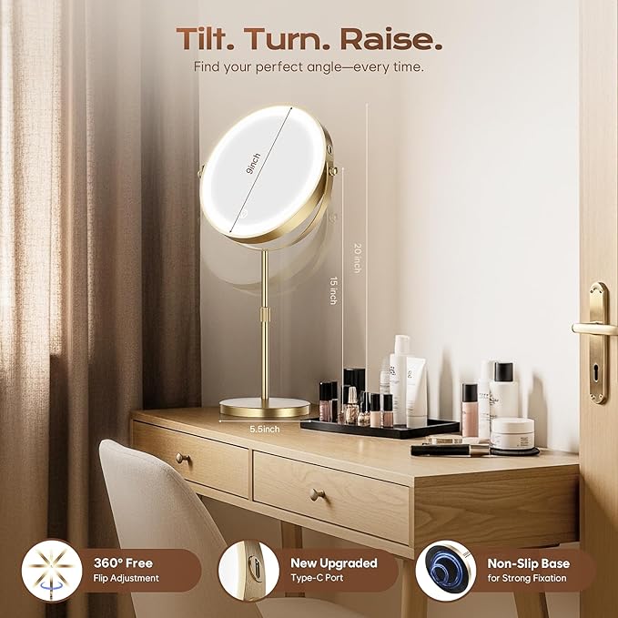 Makeup Mirror with Lights, 1x/20x 360ÃÂ° Rotation Vanity Mirror, Brightness Adjustable Lighted Makeup Mirror with Magnification, 5000 mAh Rechargeable Double Sided Mirror with 3 Colors, Gift for Women
