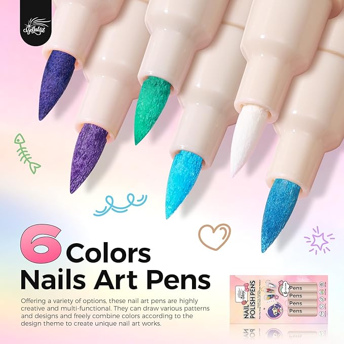 6 Colors Nail Art Pens Set, 3D Nail Polish Pens Quick-Drying Acrylic Paint Markers, Dotting Liner Brush for DIY Nail Design, Home & Salon Manicure Tools