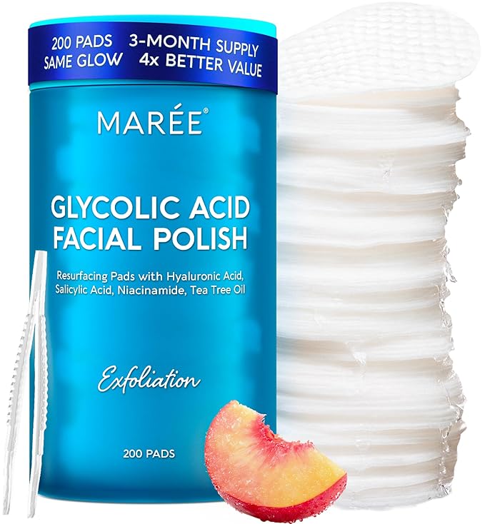 MAREE Glycolic Acid Pads Ã¢ÂÂ 200 Toner Pads for Face Cleansing Ã¢ÂÂ Facial Exfoliating Pad with Tea Tree Oil, Salicylic Acid & Vitamins E, B3, B5 Ã¢ÂÂ Acne Clearing Face Pad, Skin Pore Resurfacing & Radiance