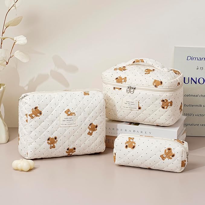uekeboag Large Travel Quilted Makeup Bag for Women, Floral Cotton Cosmetic Bag, Coquette Aesthetic Floral Toiletry Organizer Bag