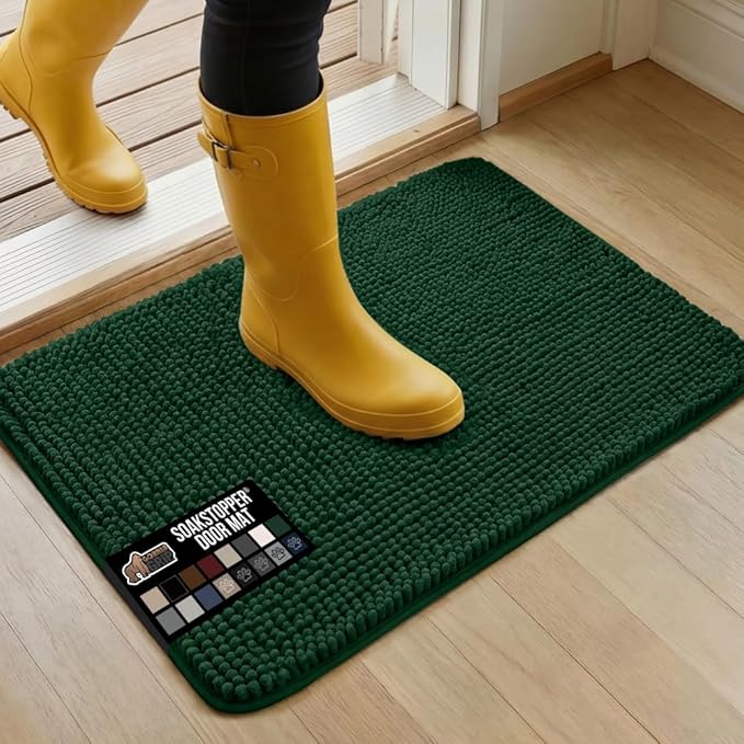 GORILLA GRIP SoakSTOPPER Dog Door Mat, Machine Washable Rug Absorbent Doormat Captures Moisture Mud Dirt, Quick Dry Soft Chenille Entryway Rugs Indoor Entrance Mats for Dog Paws, 24x17 Deep Green