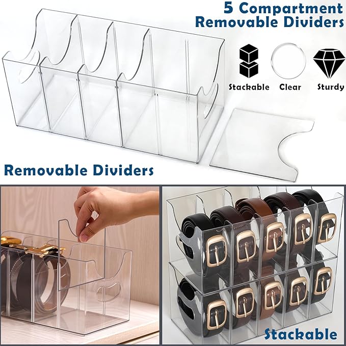 Belt Organizer - 2 Pack Clear Stackable Belt holder For Closet Drawer Storage - 5 Compartments with Removable Dividers, Multi-Purpose Display Bins With Inserts For Ties,Socks,underwear (2)
