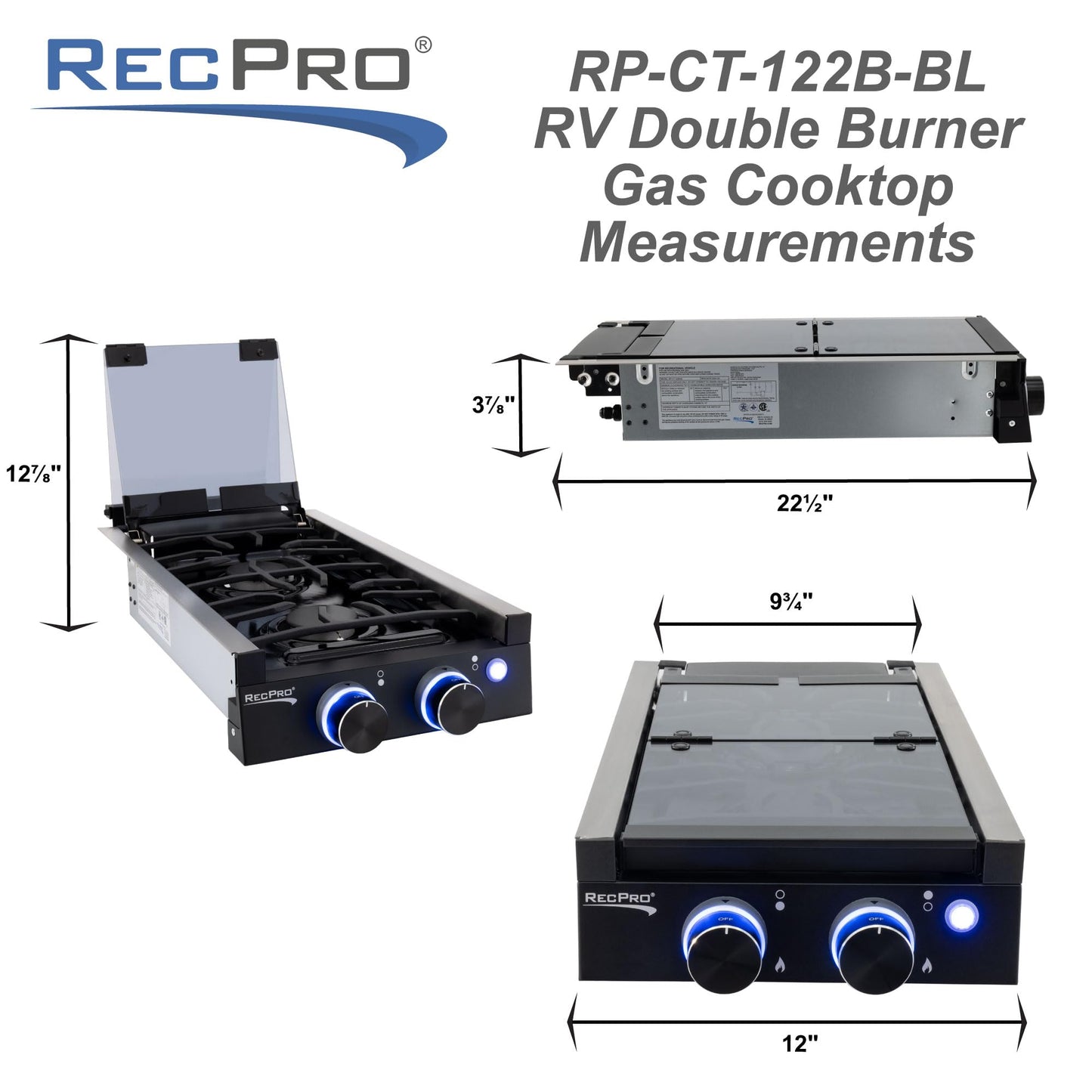 RecPro RV Built In Gas Cooktop | 2 Burner or 3 Burner | RV Cooktop Stove | 6,500 and 8,000 BTU Burners | Cover Included (Stainless Steel, 2-Burner)