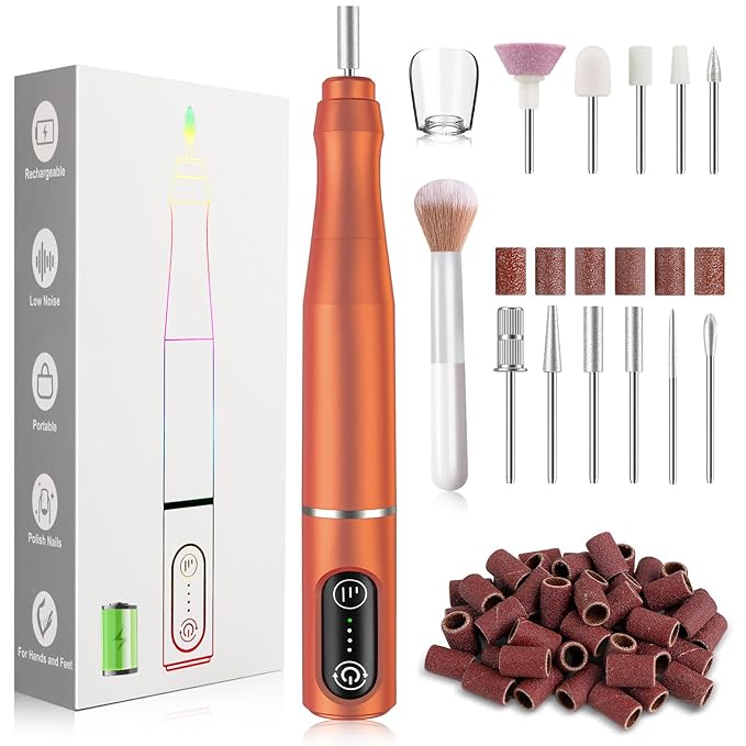 Cordless Nail Drill Electric Rechargeable File Kit, Professional Efile Acrylic Gel Nail Polish Remover Pedicure Manicure Machine Portable Set with 11 Bits 56 Sanding Bands for Salon Orange