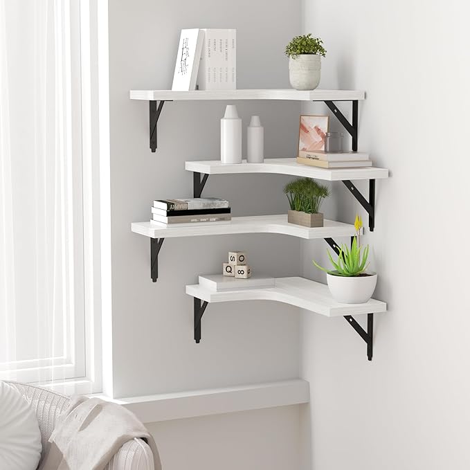 ROMGUAR CRAFT Corner Floating Shelves Wall Mounted Set of 4, Rustic Wood Storage Display Shelves for Home Decor, Bathroom, Kitchen, Bedroom, Living Room, Office (White)
