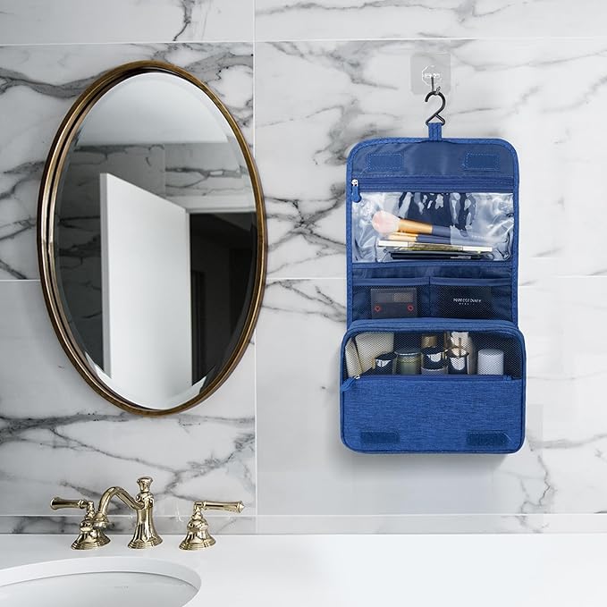 Large Capacity Toiletry Bag Travel Bag with Hanging Hook for Men and Women Waterproof Travel Cosmetic Bag Bathroom Storage Bag for Brushes Set, Full-Sized Shampoo, Toiletries, (Navy Blue)