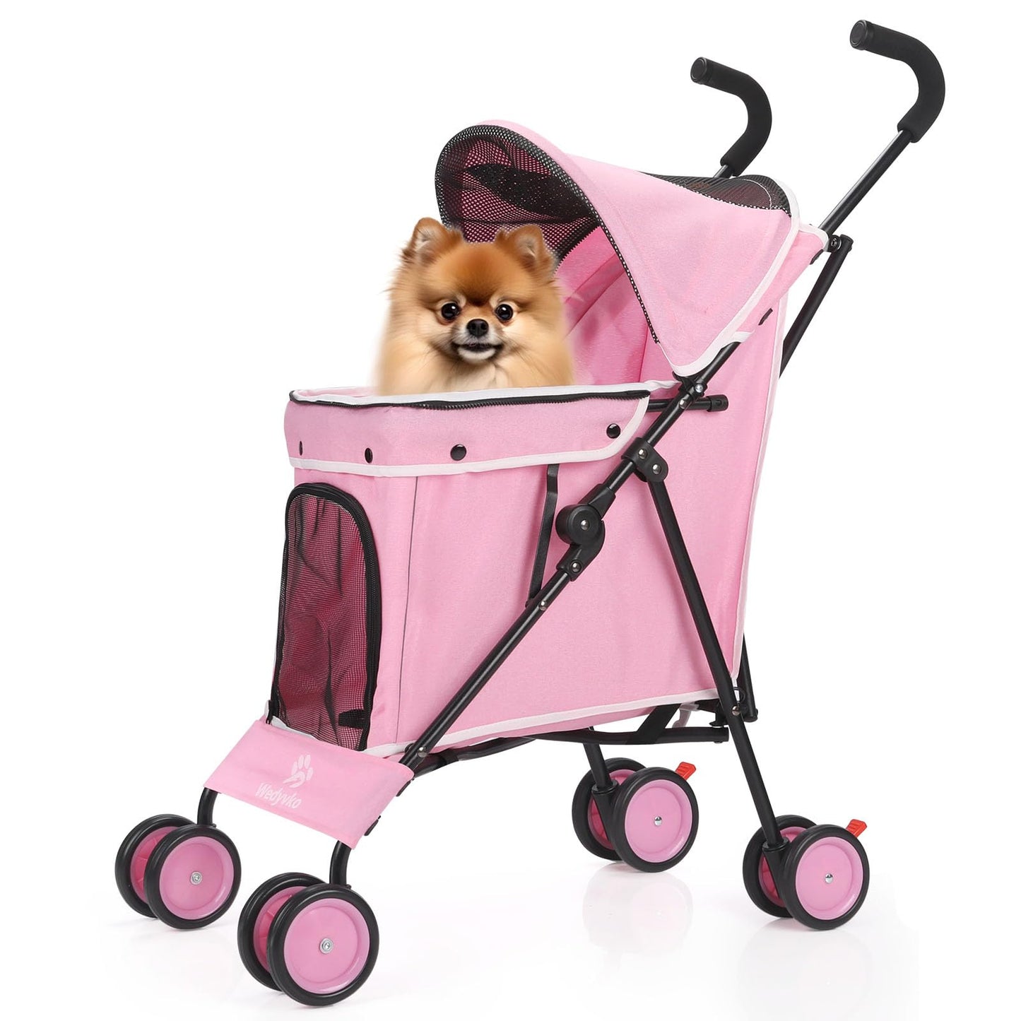 Umbrella Dog Stroller, 4 Wheels Pet Strolling, Foldable Carrier Pet Stroller for Small Dogs Cats, with Carrying Strap and Cup Holder, Dog Poop Bags & Dispenser, Up to 33 lbs, Pink