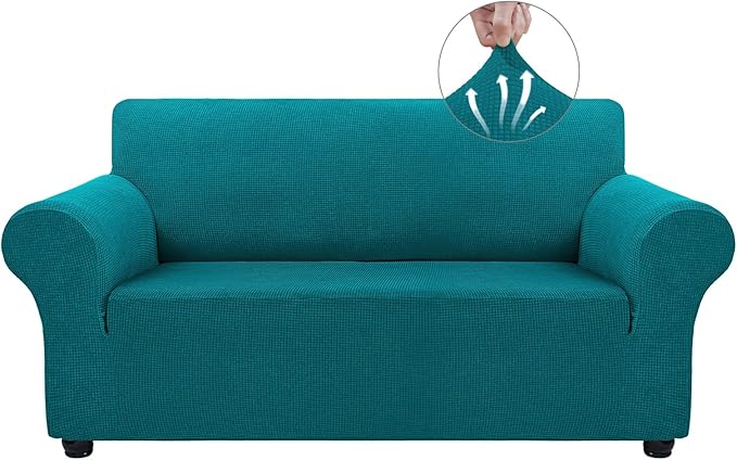 Asnomy Sofa Covers for 2 Cushion Couch Stretch loveseat Covers Slipcovers, Pet Protector Furniture Covers for Dogs Cats Spandex Jacquard Fabric Small Checks （Medium，Peacock Blue）
