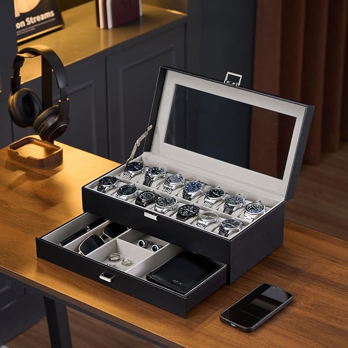 ProCase Watch Box, 14 Slot Mens Watch Case With Drawer, 2-Layer Watch Display Case With Glass Lid, Mens Jewelry Box Storage Holder Organizer, Birthday Valentine Gifts for Men -14Slot, Black