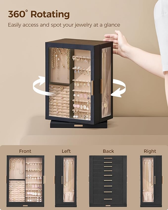 Glimmloop 360ÃÂ° Rotating Jewelry Box with 9 Drawers, Spacious Vertical Jewelry Organizer with Glass Window, Jewelry Storage Case, Dustproof & Moisture-resistant Design, Black
